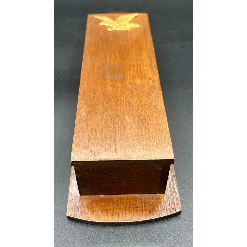Vtg Wood Wall Hanging Long Match Stick Holder Gold Eagle Americana MCM 14.5